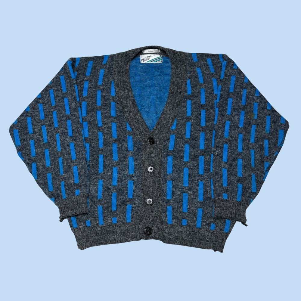 Uniform Code Vintage Mens Cardigan Sweater Large Gray Blue Geometric Dash Print